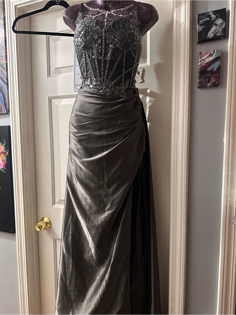 Embellished Lace Appliqué Prom Dress in Charcoal Gray